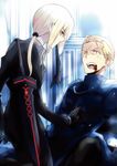  1girl artoria_pendragon_(all) blonde_hair blood blood_in_mouth blue_eyes dark_excalibur fate/stay_night fate/zero fate_(series) formal kayneth_el-melloi_archibald long_hair nogi_(acclima) pant_suit ponytail saber_alter suit sword weapon wince 