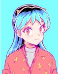  1girl artist_name blue_background blue_hair brown_eyes cone_horns highres horns lightning_bolt_print long_hair looking_at_viewer lum multicolored_hair pointy_ears red_shirt shirt simple_background snow_(snowsnow211) solo two-tone_hair upper_body urusei_yatsura 