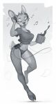 2024 absurd_res anthro beverage bottomwear breasts clothing cloven_hooves coffee coffee_mug crop_top deer electronics eyebrows eyelashes eyes_closed female headphones hi_res hooves mammal midriff monochrome musical_note open_mouth open_smile pants shirt smile solo spots topwear yakovlev-vad