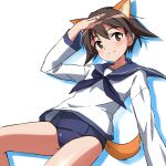  1girl animal_ears blue_neckerchief blue_one-piece_swimsuit blue_sailor_collar brown_eyes brown_hair closed_mouth cowboy_shot dog_ears dog_girl highres long_sleeves looking_at_viewer miyafuji_yoshika neckerchief old_school_swimsuit one-piece_swimsuit sailor_collar salute school_swimsuit school_uniform serafuku shadow shirt short_hair simple_background smile solo strike_witches swimsuit swimsuit_under_clothes tricky_46 white_background white_shirt world_witches_series 