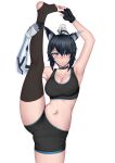  1girl absurdres animal_ears bird black_hair black_sports_bra blue_eyes blush breasts choker cleavage collar deepfried fingerless_gloves gloves highres kisu leg_up mechanical_arms navel nose_blush pout shorts single_mechanical_arm sports_bra thighhighs vrchat wolf_ears wolf_girl 