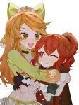  2girls :d ;) absurdres anna_(fire_emblem) black_gloves commentary commission crop_top etie_(fire_emblem) fire_emblem fire_emblem_engage gloves green_eyes green_shirt highres hug long_hair long_sleeves mariirasuto7 midriff multiple_girls navel one_eye_closed orange_hair ponytail red_eyes red_hair shirt simple_background smile stomach tiara upper_body v-shaped_eyebrows white_background 