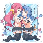  2girls afterimage ao_yasai back black_bra black_skirt black_thighhighs blue_background blue_flower blue_hair blush bow bowtie bra breasts commentary_request dog_tail eye_contact face-to-face feet flower full_body hair_ornament hair_scrunchie hanasaki_tsubomi heart heart_in_eye heartcatch_precure! highres holding_hands interlocked_fingers kurumi_erika long_hair looking_at_another low_twintails microskirt motion_lines multiple_girls navel open_mouth panties parted_bangs partially_undressed pink_bow pink_bowtie pink_eyes pink_flower pink_hair pleated_skirt polka_dot polka_dot_background precure puddle scrunchie skirt small_breasts smile stomach striped_background striped_clothes striped_panties sweat symbol_in_eye tail tail_wagging thighhighs toes translation_request twintails two-tone_background underwear v-shaped_eyebrows very_long_hair white_background white_panties white_tail yellow_scrunchie yuri 