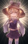  1girl absurdres black_background blonde_hair closed_eyes closed_mouth commentary_request facing_viewer highres long_sleeves moriya_suwako navel purple_skirt sidelocks skirt smile solo thighhighs touhou tsubakipan turtleneck white_thighhighs wide_sleeves 
