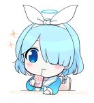  1girl arona_(blue_archive) blue_archive blue_eyes blue_hair blue_halo blue_shirt blush_stickers bow bow_hairband bowtie braid chair chibi closed_mouth colored_inner_hair drinking drinking_straw hair_ornament hair_over_one_eye hairband halo hand_up holding long_sleeves looking_to_the_side milk_carton multicolored_hair puffy_long_sleeves puffy_sleeves purple_hair rei_(tonbo0430) ribbon sailor_collar shirt short_hair simple_background single_braid sitting smile solo sparkle table white_background white_bow white_bowtie white_hairband white_ribbon 