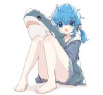  1girl :o absurdres aoi_tori bare_legs barefoot blue_eyes blue_hair blue_jacket blush collarbone commentary_request fang feet full_body hair_between_eyes highres holding holding_stuffed_toy hood ikea_shark jacket knees_together_feet_apart knees_up legs long_sleeves looking_at_viewer open_mouth original panties pantyshot ponytail sidelocks simple_background sitting skin_fang skirt smile solo stuffed_animal stuffed_shark stuffed_toy toenails toes twintails underwear white_background white_panties 