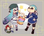  1boy 1girl backwards_hat bag black_footwear blue_footwear blue_hair boots chips_(food) closed_mouth commentary_request cross-laced_footwear eating food full_body gradient_hair green_hat grey_background hat holding holding_bag inkling inkling_boy inkling_girl inkling_player_character inset_border long_hair medium_hair multicolored_hair pointy_ears potato_chips potsupo purple_eyes purple_hair shoes smallfry_(splatoon) socks splatoon_(series) splatoon_3 standing star_(symbol) tentacle_hair thick_eyebrows two-tone_hair white_socks 