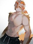  1boy abs arknights axianorange black_shorts colored_tips english_commentary furry furry_male highres horns hung_(arknights) komainu_boy komainu_ears komainu_tail looking_at_viewer male_focus multicolored_hair no_nipples pectorals shorts single_horn smile toned toned_male topless_male yellow_eyes 