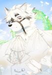 2024 anthro biped bright bright_colors bright_light canid canine canis fur harness hi_res jujurlyreckless looking_at_viewer male mammal mihoyo muscular muscular_anthro muscular_male red_eyes solo von_lycaon wedding white_body white_fur wolf zenless_zone_zero