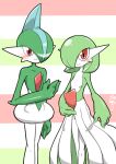  1boy 1girl arm_at_side artist_name blue_hair blush bob_cut closed_mouth collarbone colored_skin commentary_request flat_chest gallade gardevoir green_hair green_skin groin hair_over_one_eye hand_up happy kazamidoririnn legs_together looking_at_viewer mohawk multicolored_background multicolored_hair multicolored_skin one_eye_covered partial_commentary pokemon pokemon_(creature) red_eyes short_hair signature smile striped_background two-tone_hair two-tone_skin white_skin 
