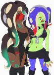  2girls black_dress boots breasts cephalopod_eyes colored_skin cosplay costume_switch crop_top dark_skin dedf1sh dress fingerless_gloves gloves green_skin hair_over_one_eye headphones highres kiirono knee_boots large_breasts marina_(splatoon) mole mole_under_mouth multiple_girls octoling splatoon_(series) splatoon_2 splatoon_3 splatoon_3:_side_order suction_cups sunglasses tentacle_hair zipper zipper_pull_tab 