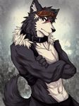  abs anthro biceps big_muscles brown_eyes canine chest_tuft clothed clothing collar dog eyewear fur fur_trim goggles grey_fur husky kiba-wolf male mammal muscles open_shirt pants pecs pose scar shirt skimpy solo standing tuft vest waistcoat white_fur 