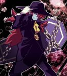  1boy adjusting_clothes adjusting_headwear ascot black_coat black_hat black_pants blue_skin brown_eyes chain closed_mouth coat coffin colored_skin croket! feet_out_of_frame fondde_veau gloves hair_over_one_eye heart holding_coffin kotorai looking_at_viewer male_focus pants red_hair smile solo spade_(shape) white_gloves yellow_ascot 