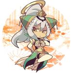  1girl breasts chibi chibi_only cleavage closed_mouth elbow_gloves eyelashes full_body gloves grey_hair hairpods kotorai large_breasts long_hair looking_at_viewer musou_orochi navel no_nose nu_wa ponytail solo thighhighs white_gloves white_thighhighs yellow_eyes 