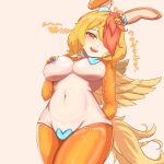  1girl absurdres animal_ears bird_tail bird_wings blonde_hair blue_panties breasts cleavage crotchless crotchless_pantyhose fake_animal_ears feathered_wings groin hair_over_one_eye heart_pasties highres maebari medium_breasts meme_attire navel niwatari_kutaka orange_background orange_eyes orange_pantyhose orange_sleeves panties pantyhose pasties playboy_bunny rabbit_ears red_hair reverse_bunnysuit reverse_outfit shrug_(clothing) simple_background solo stomach tail teeth thighs touhou translation_request underwear upper_body wings yellow_tail yellow_wings 