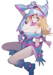  1girl absurdres blonde_hair blue_dress blue_eyes blue_hat blush_stickers boots breasts cleavage collarbone dark_magician_girl dress eyelashes fingerless_gloves full_body gloves highres kamameshi_gougoumaru large_breasts long_hair looking_at_viewer smile solo white_background yu-gi-oh! 