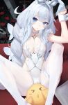  1girl :o absurdres ahoge animal_ears azur_lane blue_eyes braid breasts butterfly_hair_ornament choker commentary couch covered_nipples cross-shaped_pupils english_commentary fake_animal_ears flower grey_hair hair_ornament head_tilt highres knees_apart_feet_together le_malin_(azur_lane) le_malin_(listless_lapin)_(azur_lane) leotard long_hair looking_at_viewer low_twin_braids m_legs manjuu_(azur_lane) nontraditional_playboy_bunny nstch_root_a o-ring o-ring_choker on_couch pantyhose pillow playboy_bunny rabbit_ears reclining red_flower red_rose rose small_breasts symbol-shaped_pupils thigh_strap twin_braids very_long_hair white_leotard white_pantyhose wrist_cuffs 