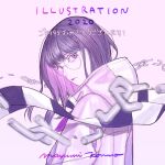  1girl 2020 broken broken_chain chain glasses hood hood_down illustration.media long_hair looking_at_viewer mayumi_konno monochrome purple_background purple_eyes purple_hair purple_theme round_eyewear scarf shadow signature simple_background solo striped_clothes striped_scarf upper_body 