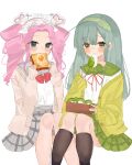  2girls bento black_socks blue_eyes blush bow bread bread_slice cardigan commentary_request drill_hair eating egg egg_(food) feet_out_of_frame food food_in_mouth fried_egg green_eyes green_hair green_hairband green_sailor_collar green_skirt grey_sailor_collar grey_skirt hairband highres holding holding_food invisible_chair kneehighs koto_n8 long_hair long_sleeves looking_at_viewer mouth_hold multiple_girls neck_ribbon open_cardigan open_clothes pink_hair plaid plaid_skirt pleated_skirt red_bow red_ribbon ribbon sailor_collar school_uniform serafuku shikoku_metan shirt simple_background sitting skirt sleeves_past_wrists socks toast touhoku_zunko twin_drills twintails utau voicevox white_background white_shirt yellow_eyes 
