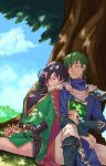  1boy 1girl absurdres black_hair blue_coat blue_sky book cape ced_(fire_emblem) closed_eyes cloud coat commission earrings english_commentary eyelashes fire_emblem fire_emblem:_thracia_776 fur-trimmed_cape fur_trim gold_trim green_coat green_hair highres holding holding_book holding_tiara jewelry long_hair mareeta_(astra_awakened)_(fire_emblem) mareeta_(fire_emblem) moccha_kofii on_grass outdoors red_cape short_hair sitting sky smile teeth 