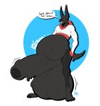 2023 anthro anubian_jackal awoogasm balls belly big_balls big_belly big_penis black_body bodily_noises canid canine canis clothed clothing digital_media_(artwork) ebony_(awoogasm) english_text erection genitals goo_creature goop hands_in_both_pockets hi_res huge_penis hyper hyper_genitalia hyper_penis jackal male mammal onomatopoeia penis raised_clothing rumbling_stomach simple_background smile solo sound_effects tail text vein veiny_penis white_background yellow_eyes
