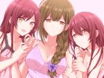  3girls ahoge alstroemeria_(idolmaster) bare_shoulders blush bow braid breasts brown_hair camisole closed_mouth collarbone dot_nose frilled_camisole frills hair_between_eyes hair_bow hair_over_shoulder hair_ribbon hand_on_another&#039;s_arm hand_on_another&#039;s_shoulder idolmaster idolmaster_shiny_colors kamekoya_sato kuwayama_chiyuki large_breasts long_hair looking_at_viewer medium_breasts multiple_girls nail_polish open_mouth osaki_amana osaki_tenka parted_lips pink_background pink_camisole pink_nails purple_camisole purple_ribbon red_hair ribbon siblings simple_background single_braid sisters smile swept_bangs twins upper_body yellow_eyes 