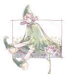  1girl chrono_cross closed_mouth dress fairy flower full_body hat michibata_65 pointy_ears pointy_footwear purple_hair razzly_(chrono_cross) short_hair sitting skirt smile solo white_background 