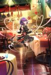  1girl ankle_bow back_bow black_dress black_footwear black_ribbon bow brown_eyes brown_thighhighs dress floating_hair full_body grin hair_ribbon heart high_heels highres holding holding_plate indoors long_sleeves looking_at_viewer maid_headdress medium_hair open_mouth plate purple_hair ribbon romancing_saga_re;universe short_dress smile solo sparkle standing table tef thighhighs zettai_ryouiki 