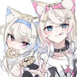  2girls animal_ear_fluff animal_ears bandaid bandaid_hair_ornament belt_collar black_collar black_jacket blonde_hair blue_eyes blue_hair blush collar crumbs dog_ears dog_girl doughnut fang food fuwawa_abyssgard fuwawa_abyssgard_(1st_costume) hair_ornament hairpin headphones headphones_around_neck highres hololive hololive_english jacket long_hair looking_at_viewer mococo_abyssgard mococo_abyssgard_(1st_costume) mouth_hold multicolored_hair multiple_girls pink_eyes pink_hair pon_de_ring shirt siblings sisters skin_fang smile spiked_collar spikes streaked_hair tongue tongue_out twins two_side_up virtual_youtuber white_shirt x_hair_ornament xue_lian_wa_noel 