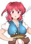  1girl absurdres blush breasts coin hair_bobbles hair_ornament hand_on_own_hip hashiro_fumi highres large_breasts looking_at_viewer obi onozuka_komachi open_mouth red_eyes red_hair sash simple_background solo touhou two_side_up upper_body white_background 