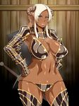  armor bikini_armor blonde_hair breasts cleavage dark_skin enoshima_iki green_eyes horns large_breasts lips original pointy_ears solo sweat thighhighs 