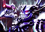  artist_name bionicle cigar cmccillustr8 glowing glowing_eyes highres holding holding_cigar humanoid_robot leaning_back looking_at_viewer pink_eyes robot sharp_teeth sitting smile spikes teeth the_lego_group thok_(bionicle) 