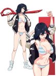  1girl absurdres argent_moon arms_up bikini black_hair black_jacket blue_eyes breasts cleavage english_commentary hand_in_pocket highres jacket kill_la_kill large_breasts matoi_ryuuko multicolored_clothes multicolored_hair multicolored_jacket multiple_views navel open_clothes open_jacket over_shoulder red_background red_hair scissor_blade_(kill_la_kill) short_hair simple_background streaked_hair stretching striped_bikini striped_clothes swimsuit two-tone_background two-tone_jacket weapon weapon_over_shoulder white_background white_footwear white_jacket 