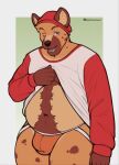 ajdrawsnice anthro beanie belly body_hair clothed clothing happy_trail hat headgear headwear hi_res hyena jockstrap male mammal partially_clothed purple_eyes solo spots sweater taking_off_shirt topwear underwear