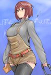  belt black_legwear blush bouncing_breasts breasts brown_eyes brown_hair envelope large_breasts musical_note older overalls pulling rozen_maiden short_hair simple_background solo souseiseki suspenders sweater thighhighs tsuda_nanafushi 