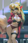 2024 anthro blonde_hair bra breasts callie_briggs cleavage clothed clothing domestic_cat eyewear felid feline felis female fur glasses green_eyes hair hanna-barbera looking_at_viewer mammal miles_df panties solo swat_kats tan_body tan_fur underwear