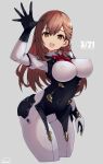  1girl alice_gear_aegis blush bodysuit breasts brown_eyes brown_hair cleavage covered_nipples gloves large_breasts long_hair looking_at_viewer nipples red_cat_hood simple_background smile solo usamoto_anna white_bodysuit 