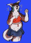 2023 4_fingers anthro bangs belly blue_background border_collie bottomwear breasts brown_body brown_fur brown_hair canid canine canis chest_tuft cleavage clothed clothing collie colored digital_drawing_(artwork) digital_media_(artwork) domestic_dog ear_tuft eyes_closed facial_hair fangs female fingers flockdog fluffy fluffy_tail fur gesture green_hair hair happy heart_clothing heart_symbol herding_dog hi_res long_hair long_tail mammal motion_lines multicolored_body multicolored_fur multicolored_hair open_mouth pastoral_dog pawpads pink_pawpads pink_tongue raised_arm red_clothing red_shirt red_tank_top red_topwear roxanne_(flockdog) sheepdog shirt sideburns simple_background skirt slightly_chubby slightly_chubby_female smile solo standing tail tank_top teeth thick_thighs tongue topwear trans_(lore) trans_woman_(lore) tuft waving white_body white_fur