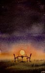  chair cloud cloudy_sky highres night night_sky no_humans original painting_(medium) shadow shibakaka sky star_(sky) starry_sky sun sunlight sunset table traditional_media watercolor_(medium) 