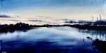  blue_sky boat cloud cloudy_sky highres lake morning no_humans orange_sky original painting_(medium) reflection reflective_water scenery shadow shibakaka sky sunrise traditional_media water watercolor_(medium) watercraft 