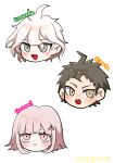  1girl 2boys :d :o ahoge blunt_bangs blush brown_eyes brown_hair character_name danganronpa_(series) danganronpa_2:_goodbye_despair galaga green_eyes hair_ornament head_only highres hinata_hajime komaeda_nagito light_brown_hair looking_at_viewer medium_hair messy_hair multicolored_hair multiple_boys nanami_chiaki open_mouth pink_eyes simple_background smile spaceship_hair_ornament tanpopo_(tanpopono_ocha) teeth two-tone_hair upper_teeth_only white_background 