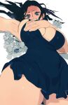  1girl absurdres armpits bare_legs black_hair blue_dress blush breast_hold breasts brekkist cleavage dress highres large_breasts low_neckline lying nico_robin on_back one_piece open_mouth short_dress solo sweatdrop thighhighs white_background 