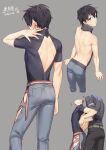  2boys absurdres back_cutout backless_outfit belt black_hair blue_eyes blush clothing_cutout commentary_request dated from_behind from_side grey_background hair_between_eyes hand_under_clothes heart highres kiyonagi looking_at_viewer male_focus multiple_boys multiple_views original pants reference_sheet shiny_skin shirt short_hair size_difference solo_focus standing tight_clothes tight_shirt toned toned_male yaoi 