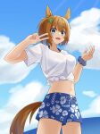  1girl animal_ears blue_eyes blue_scrunchie blue_shorts blue_sky breasts brown_hair cloud cloudy_sky commentary_request cowboy_shot floral_print_shorts gaze_on_me!_outfit_(umamusume) highres horse_ears horse_girl horse_tail large_breasts medium_hair midriff navel open_mouth outdoors scrunchie shirt short_sleeves shorts sky smile solo taiki_shuttle_(umamusume) tail tied_shirt umamusume v white_shirt wrist_scrunchie yamada_(c57hikaru) 