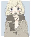  1girl 382 bandaid bandaid_on_hand black_scarf blonde_hair blue_background blue_eyes blunt_bangs blush border brown_coat coat cupcake duffel_coat eating food food_on_face holding holding_food long_hair long_sleeves looking_at_viewer open_mouth original outside_border scarf simple_background solo tears upper_body white_border 