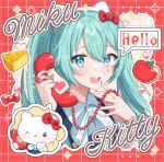  1girl :d blue_eyes blue_hair hair_between_eyes hatsune_miku hello_kitty hello_kitty_(character) highres holding holding_phone jewelry lushuao open_mouth phone ring sanrio short_hair smile solo twintails upper_body vocaloid 