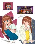  1girl aged_up aitommylove barefoot blue_eyes blue_pants brown_hair cat closed_mouth feet highres long_hair long_sleeves pajamas pants powerpuff_girls princess_morbucks robin_snyder_(ppg) shirt shoes smile white_footwear white_shirt 