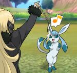 ambiguous_gender black_clothing blue_body blue_ears blue_tail centinel303 clothed clothing duo eeveelution feral generation_4_pokemon glaceon human mammal musical_note nintendo pawpads pokemon pokemon_(species) quadruped tail tongue
