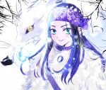  1girl ainu ainu_clothes animal asirpa bare_tree blue_eyes cloak earrings fur_cloak golden_kamuy headband highres hoop_earrings jewelry long_hair looking_at_viewer purple_headband retar rikorisu33 sidelocks smile tree upper_body wolf yellow_eyes 