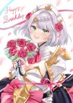  1girl absurdres armor ascot bouquet braid breasts cleavage dated flower genshin_impact grey_hair hair_flower hair_ornament happy_birthday highres holding holding_bouquet holding_flower looking_at_viewer maid_headdress medium_breasts noelle_(genshin_impact) open_mouth petals pink_ribbon red_ascot red_flower red_rose ribbon rose short_hair shoulder_armor simple_background smile solo tsuchinoko_(vjde8458) upper_body white_background 